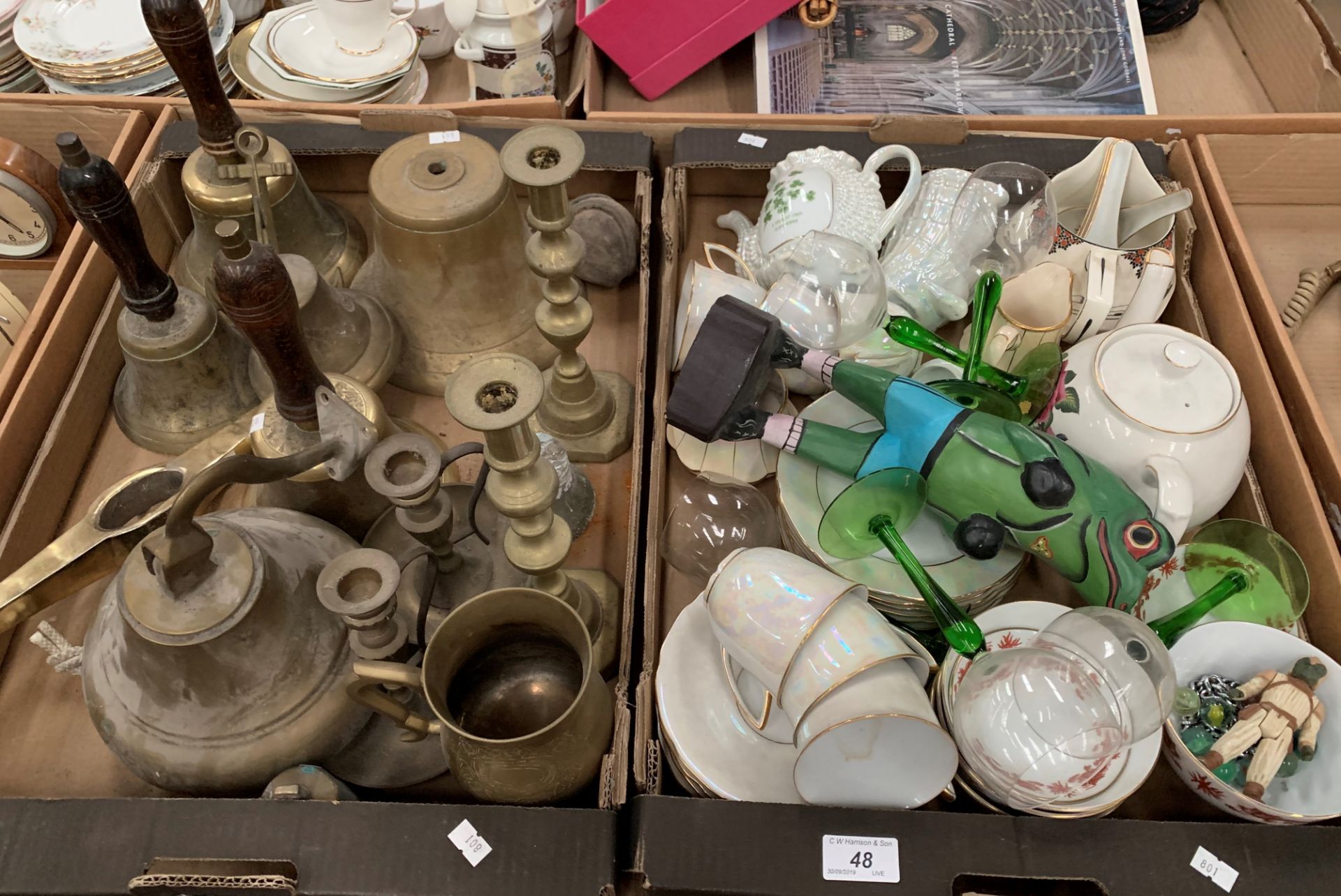 Contents to tray a selection of brass hand bells, glassware, pottery, porcelain etc.