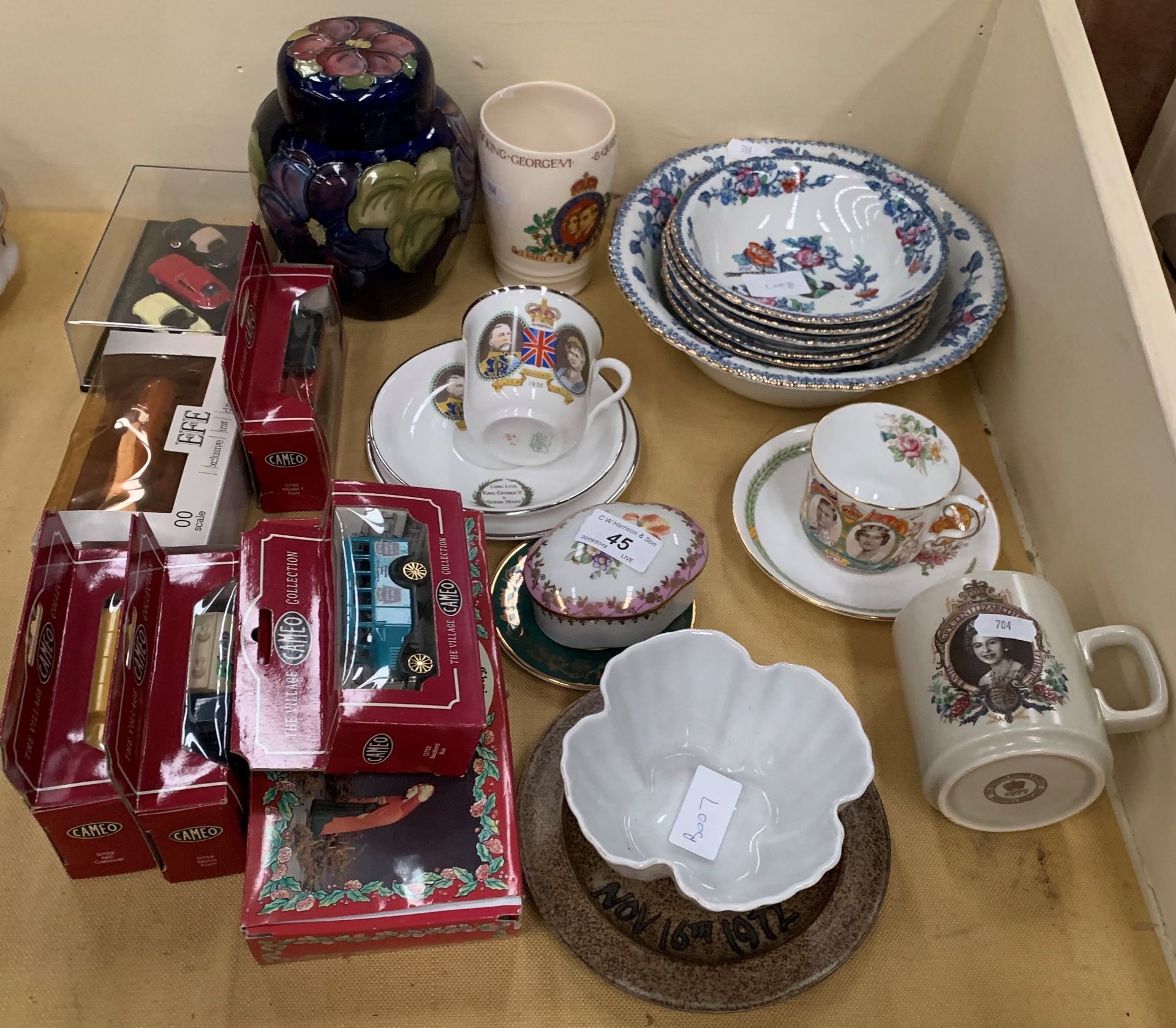 Contents to part of cabinet - Moorcroft jar and cover (chip to lid) Woods ware dishes,