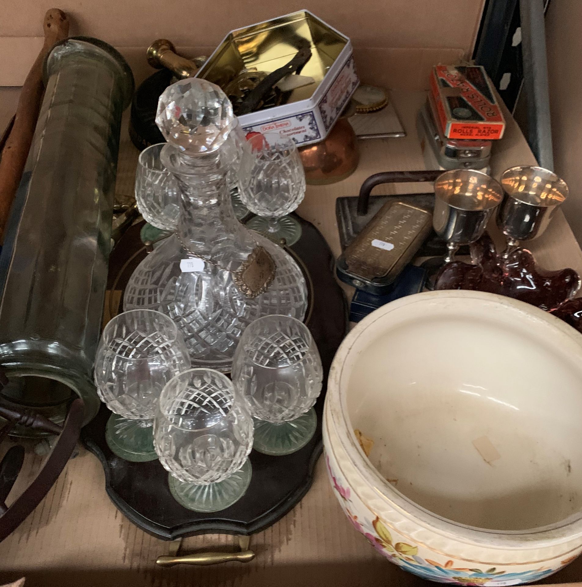 Contents to tray - reproduction ships decanters and six brandy glasses on wooden tray, razors,