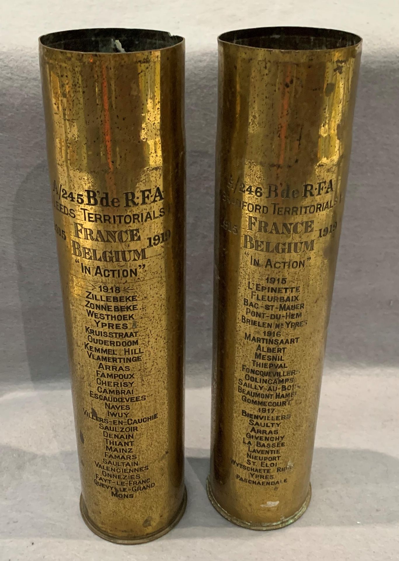 Two World War I brass trench art shell cases inscribed A/246 B'de R.F.A.