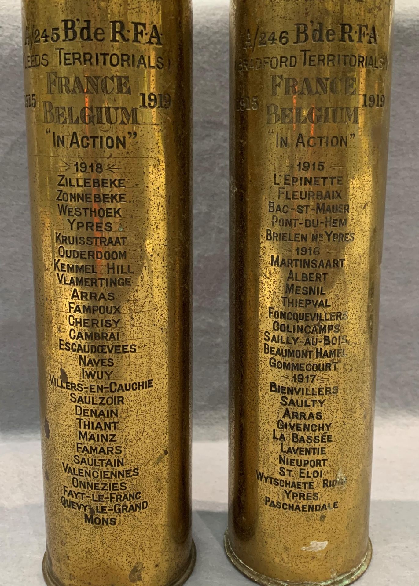 Two World War I brass trench art shell cases inscribed A/246 B'de R.F.A. - Image 2 of 3