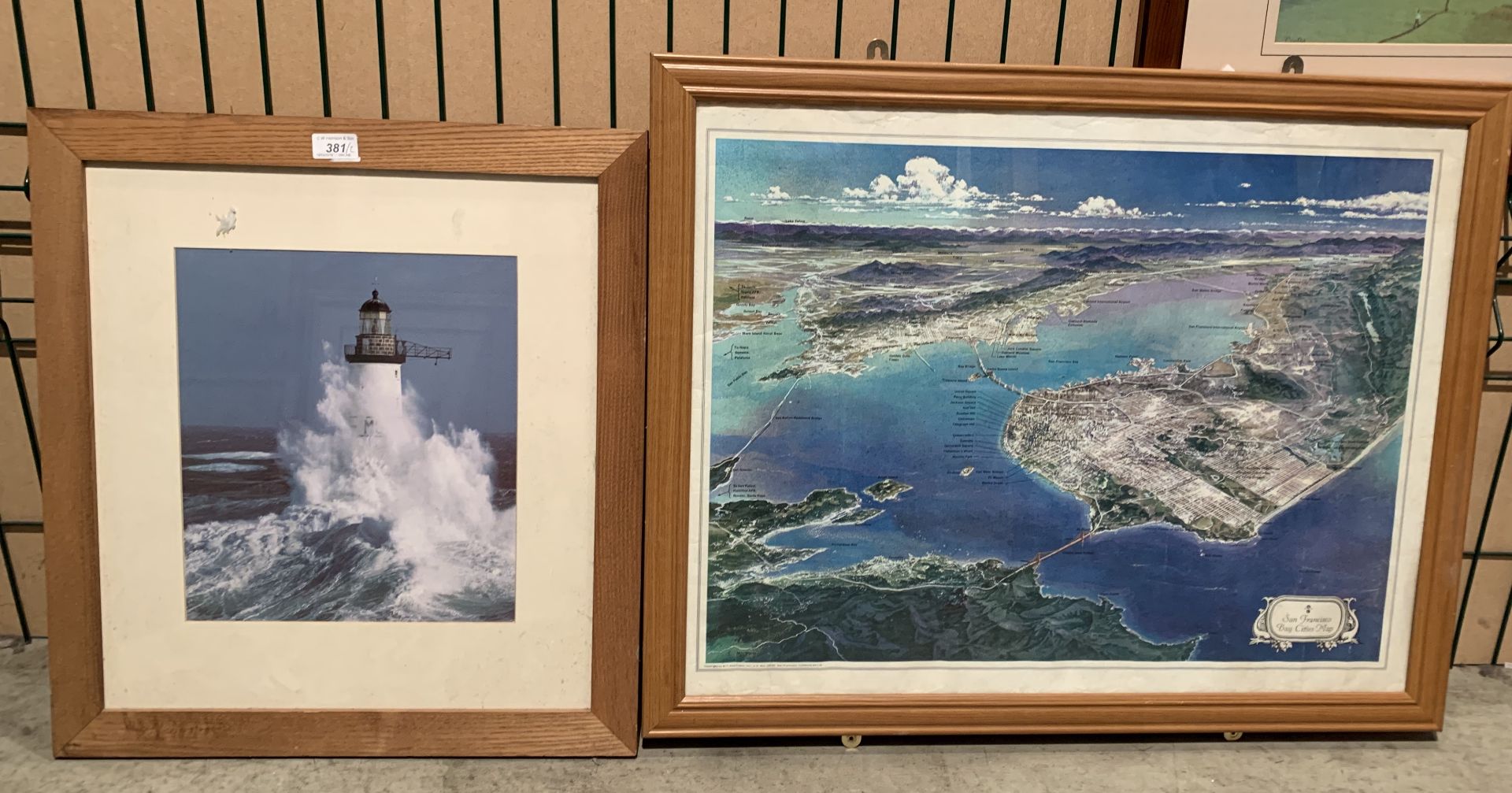 Two framed picture prints 'lighthouse' and 'San Francisco bay'