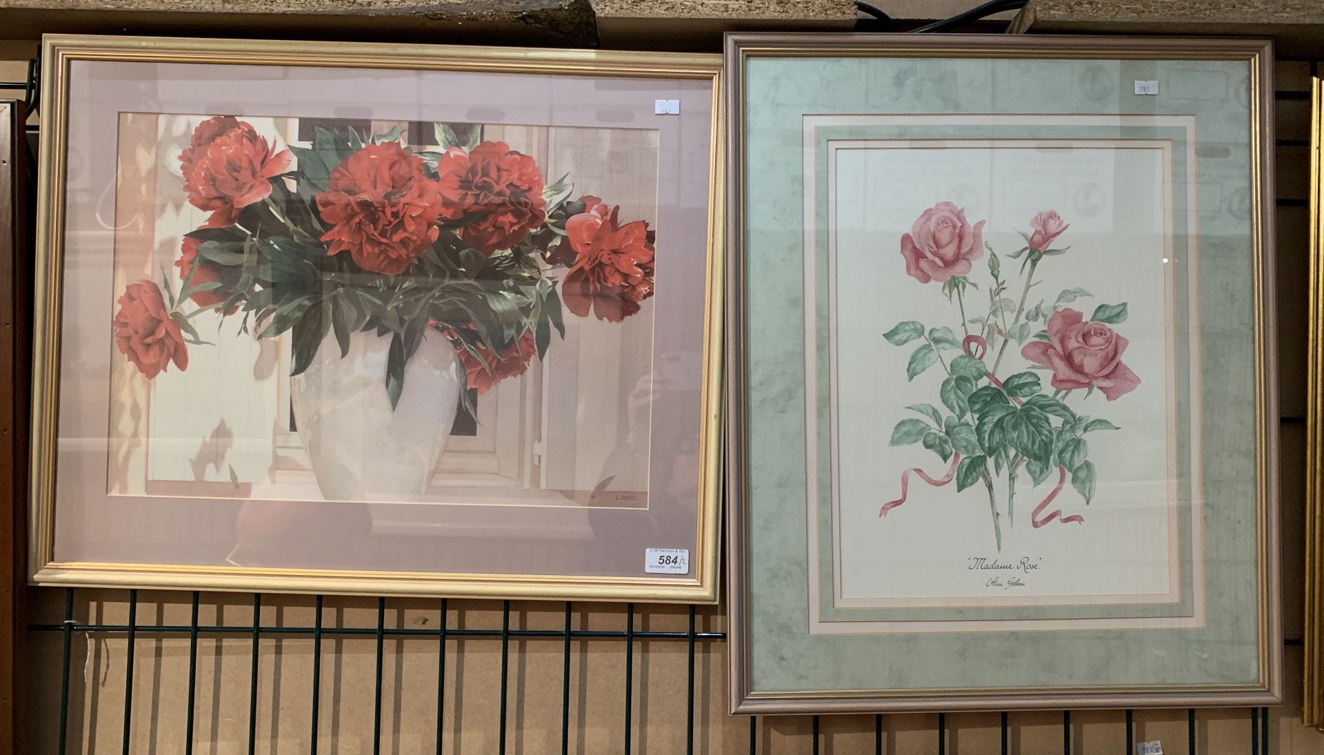Two framed floral prints - carnations and roses