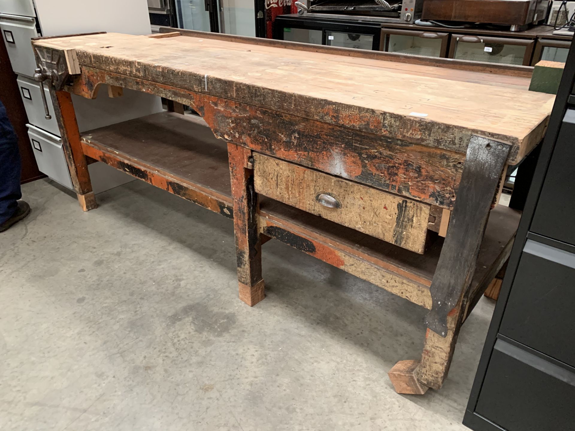 A large wooden work bench fitted with single drawer and quick release vice, - Image 2 of 2