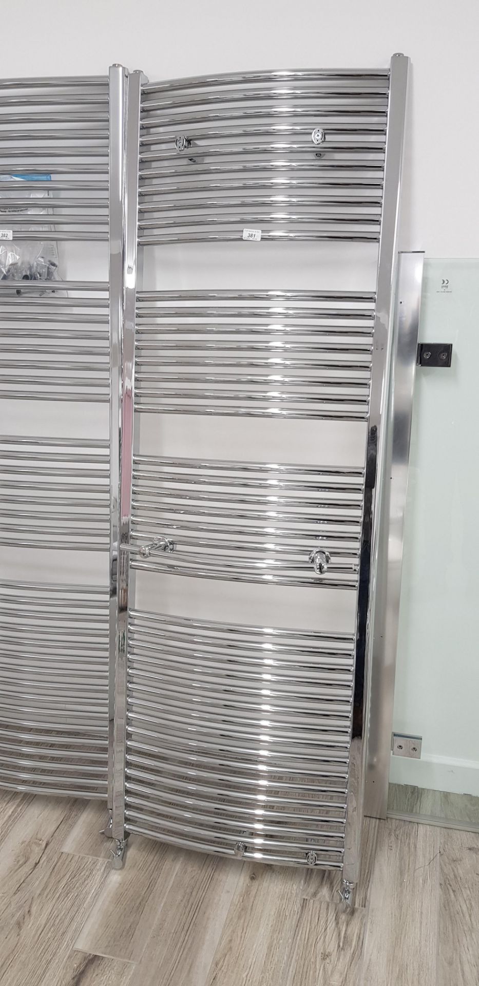 600 x 1800mm chrome curved heated ladder radiator with extra towel rail and radiator valves.