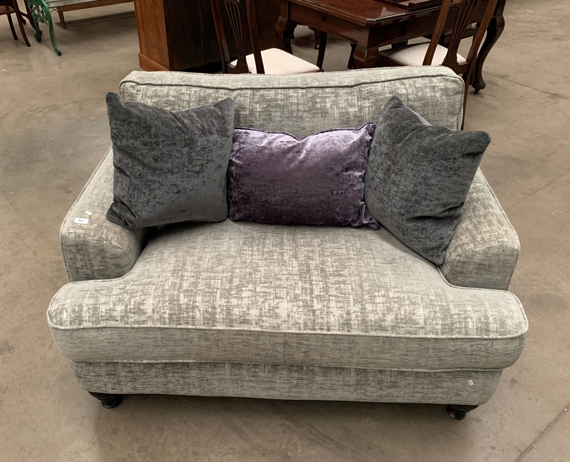 A Christopher Pratts grey cloth upholstered two seater settee with two dark grey and one purple - Image 2 of 2
