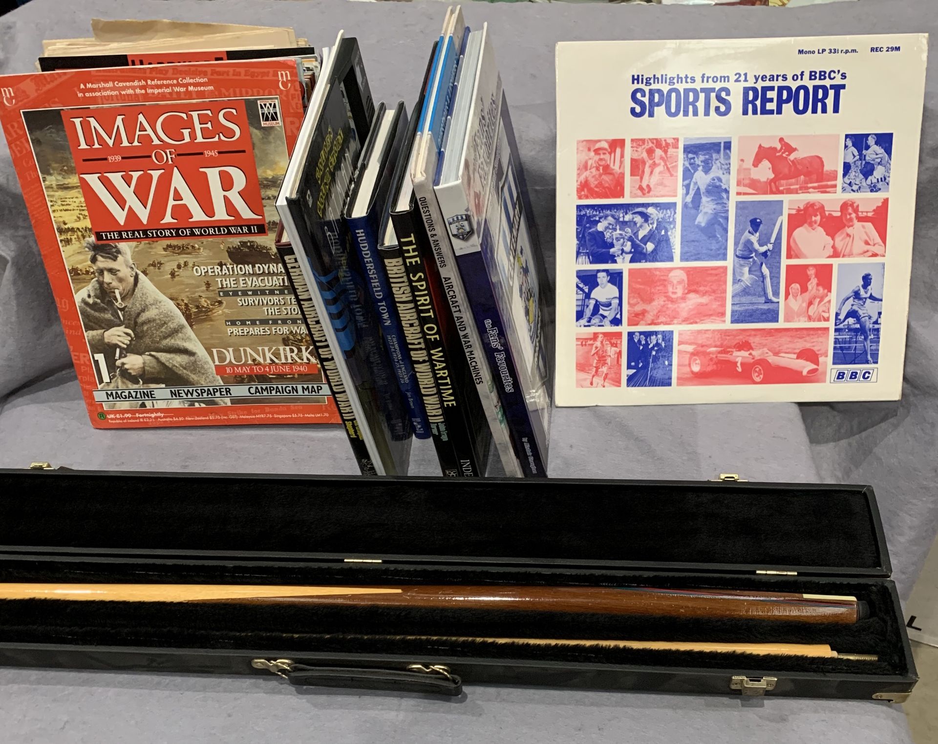 A Riley pool cue in case, War and Huddersfield Town related books and magazines etc. - Image 2 of 2