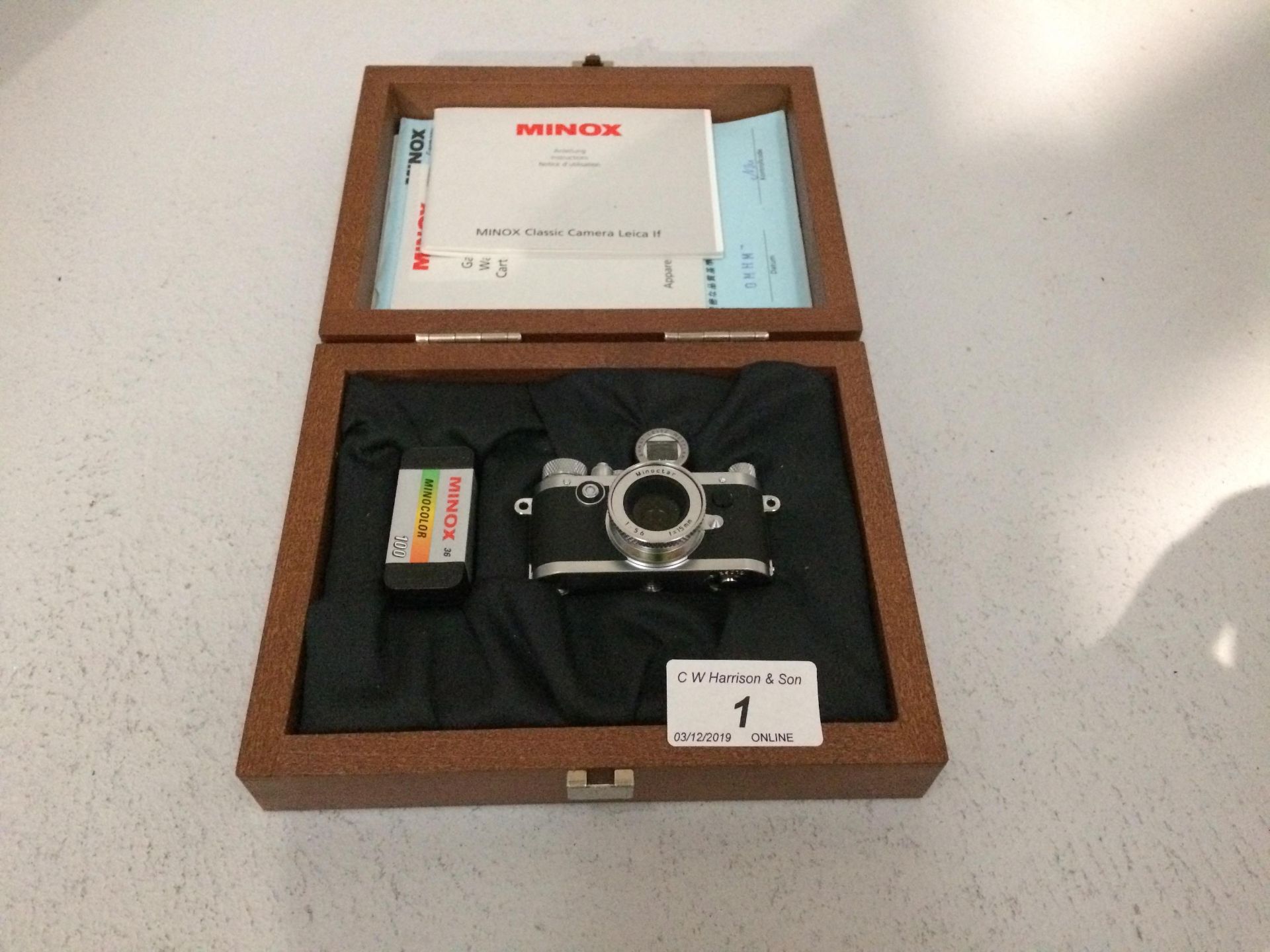 Minox Classic Cameras miniature Leica IOM0755 camera in wooden display box, manuals,