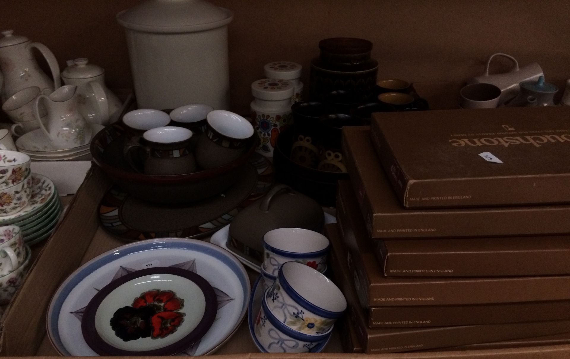 Contents to tray - Denby tableware including 8 boxed Denby Touchstone cutlery sets,