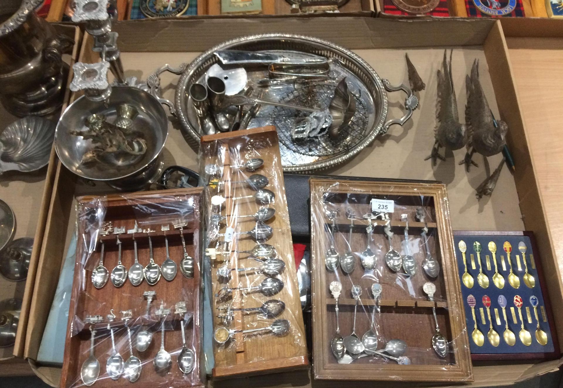 Contents to tray - metalware, two handled tray, candelabra, male, female and baby pheasants,