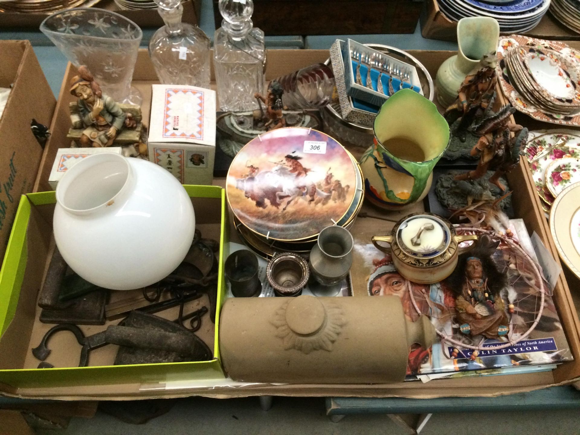 Contents to tray - a collection of Native American Indian items - plate, figures etc.