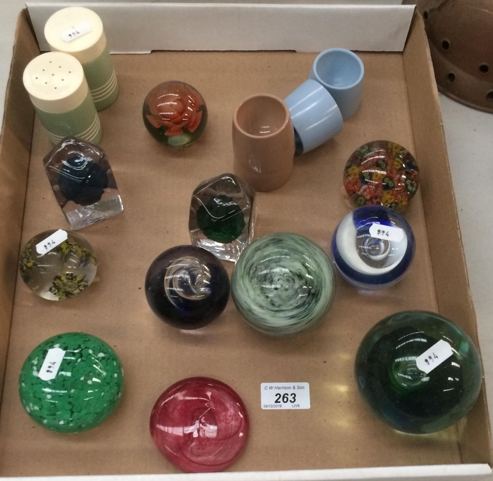 Contents to tray - eleven glass paperweights,
