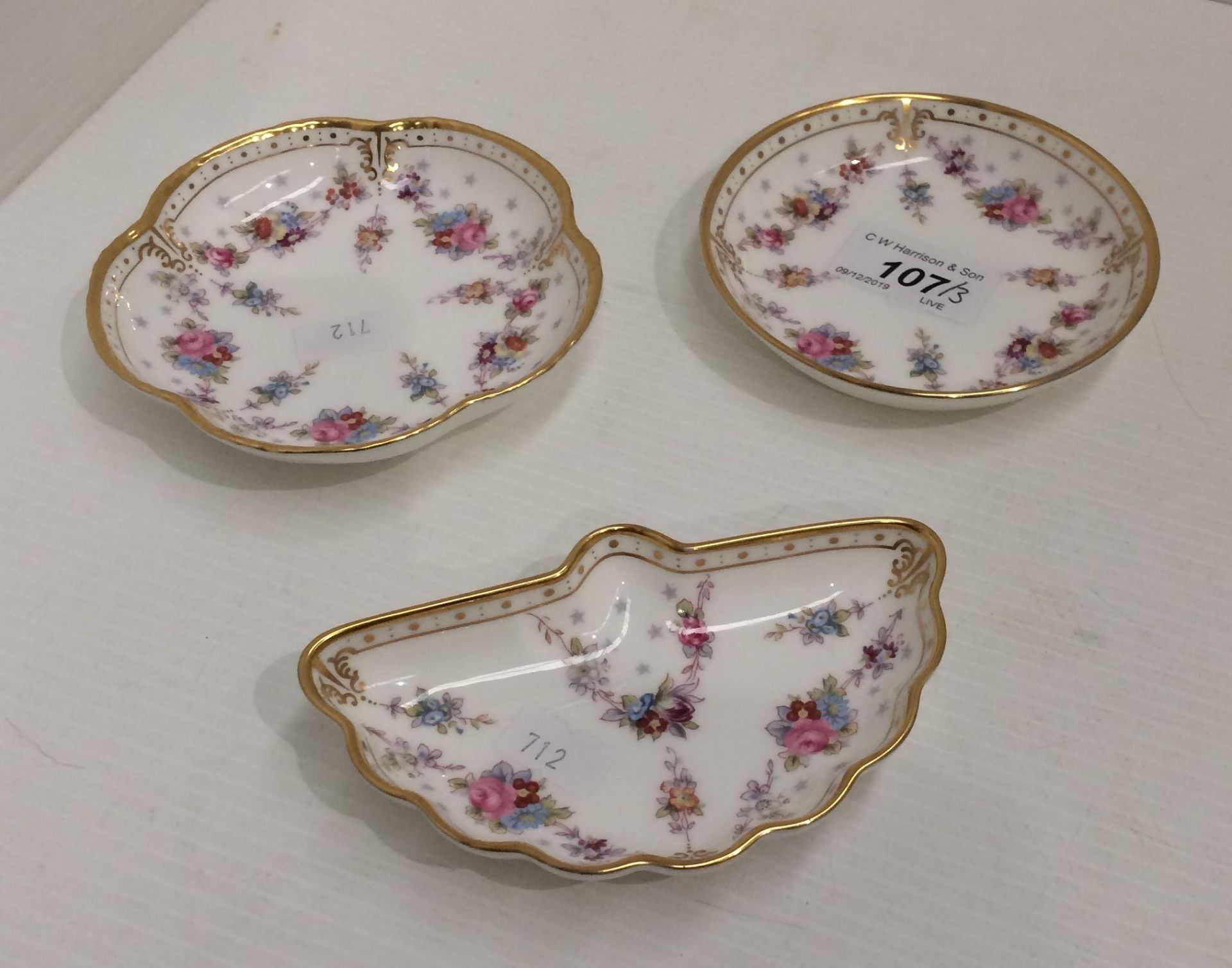 Three small Royal Crown Derby bone china Royal Antoinette dishes