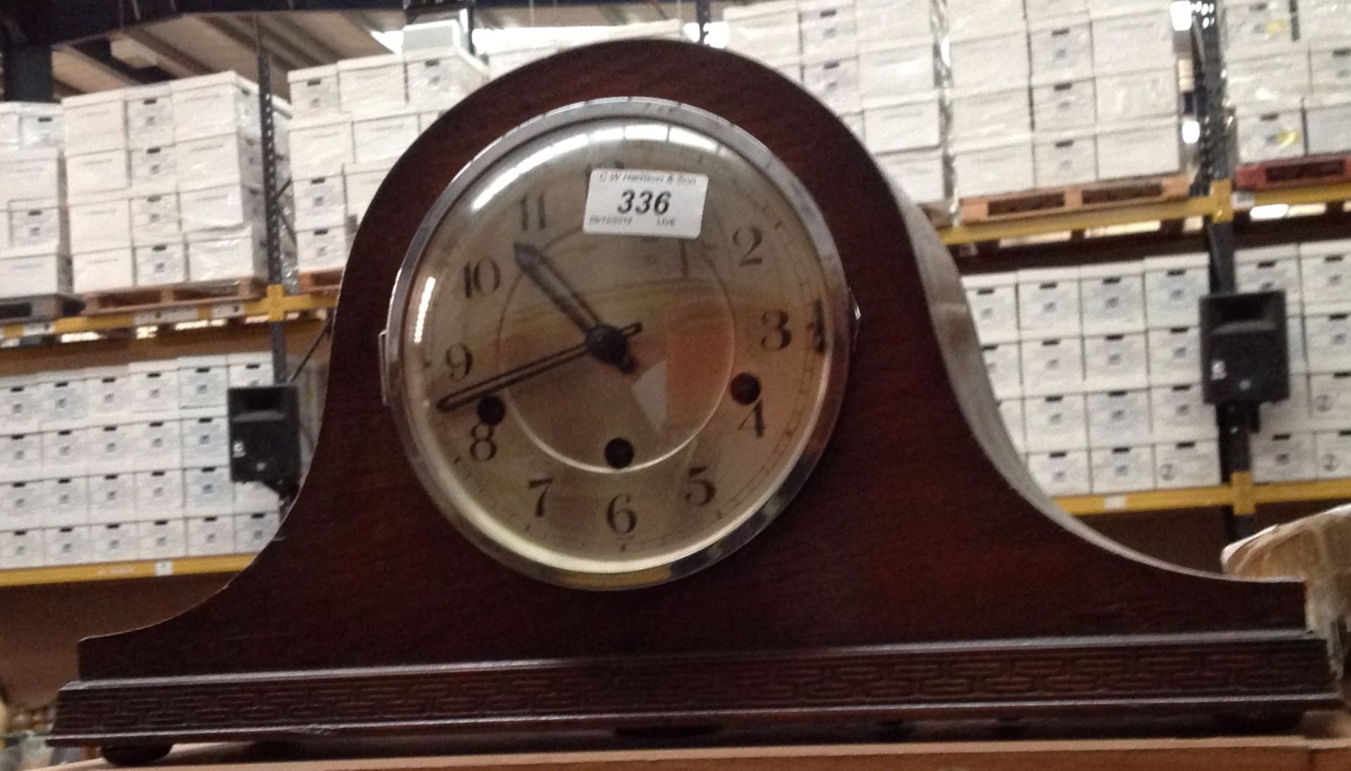 Oak cased Napoleon hat style mantel clock