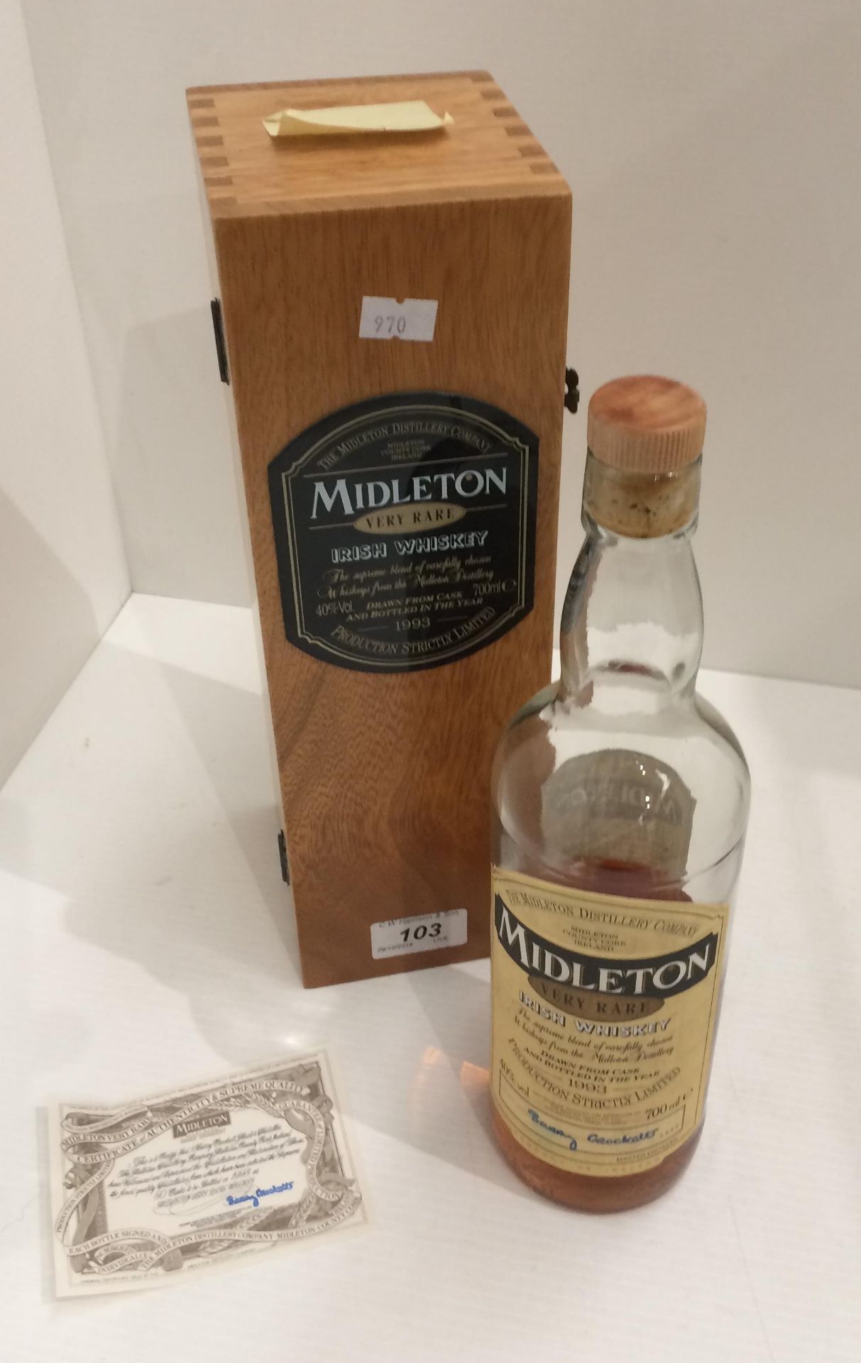 A part bottle of Middleton Very Rare Irish Whiskey bottled in the year 1993,