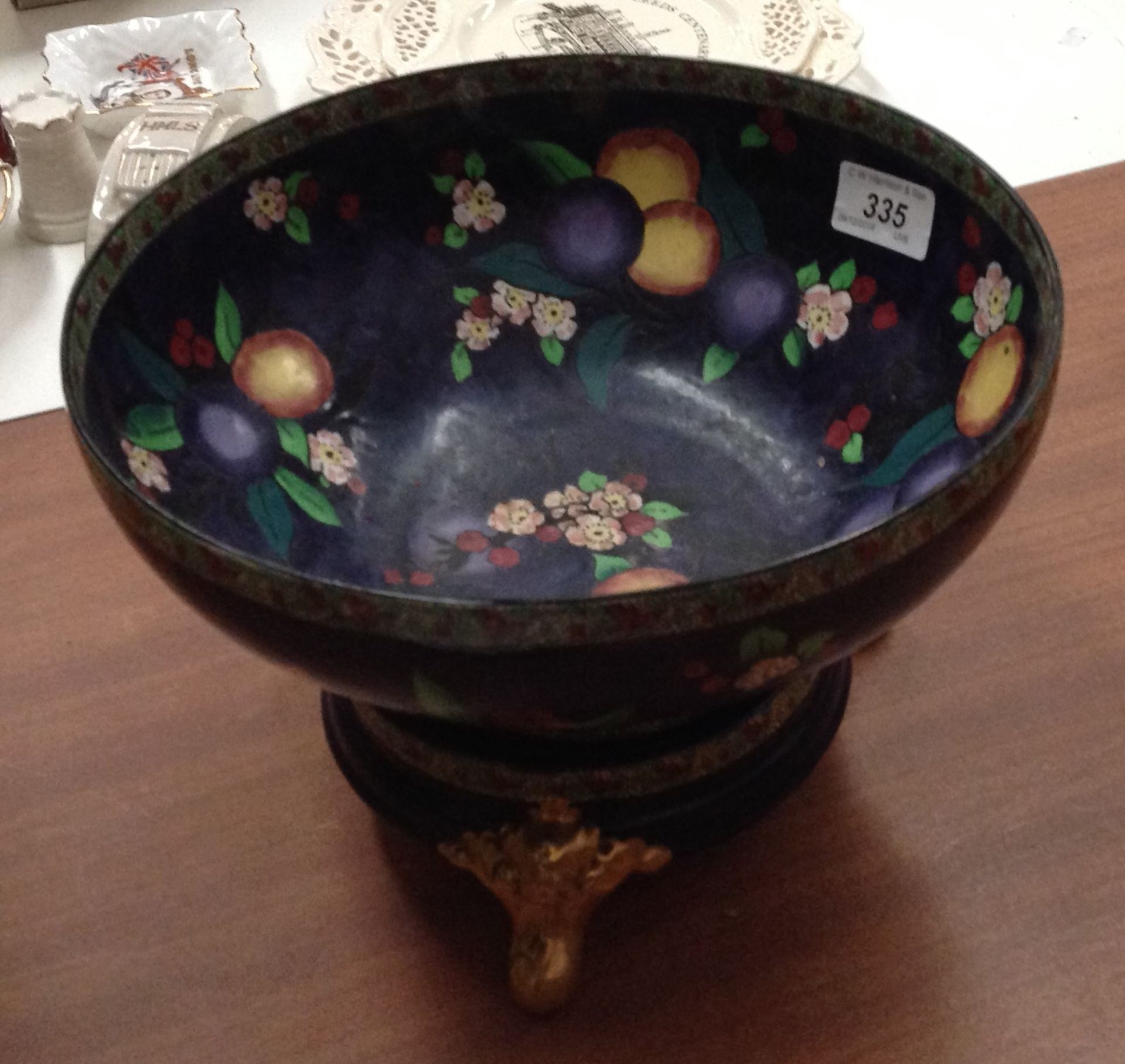 Carltonware blue fruit and floral patterned bowl 25cm diameter on matching three foot stand - Image 2 of 2