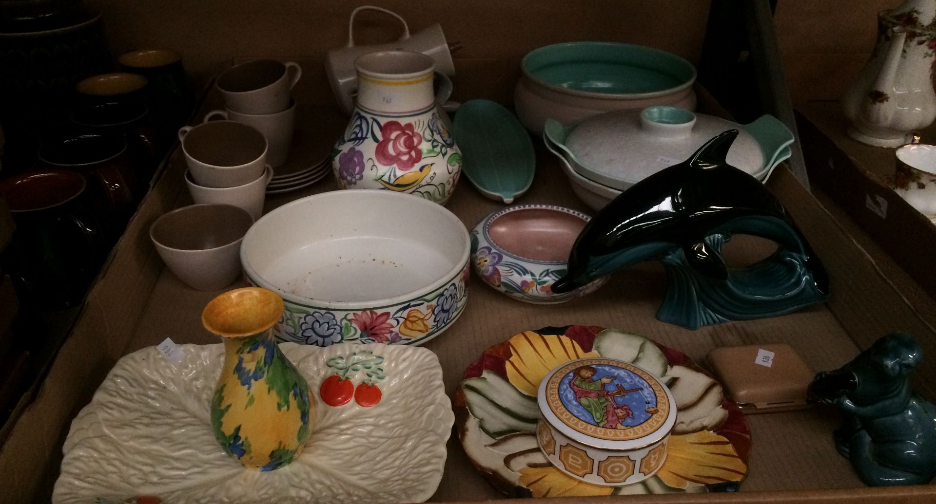 Contents to tray - mainly Poole Pottery items - blue glazed dolphin and seal, floral patterned bowl,