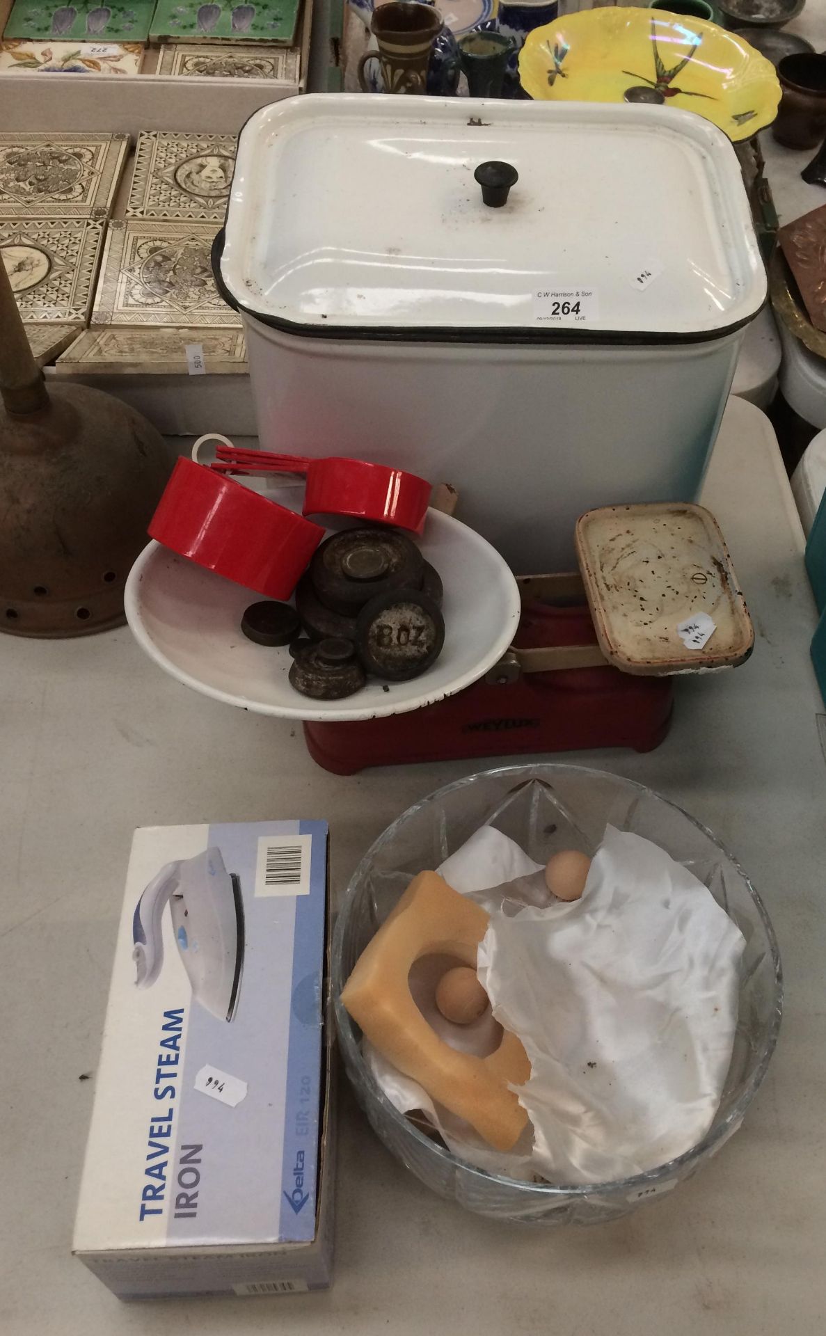 Enamel bread bin, Weylux kitchen scales, copper posser,