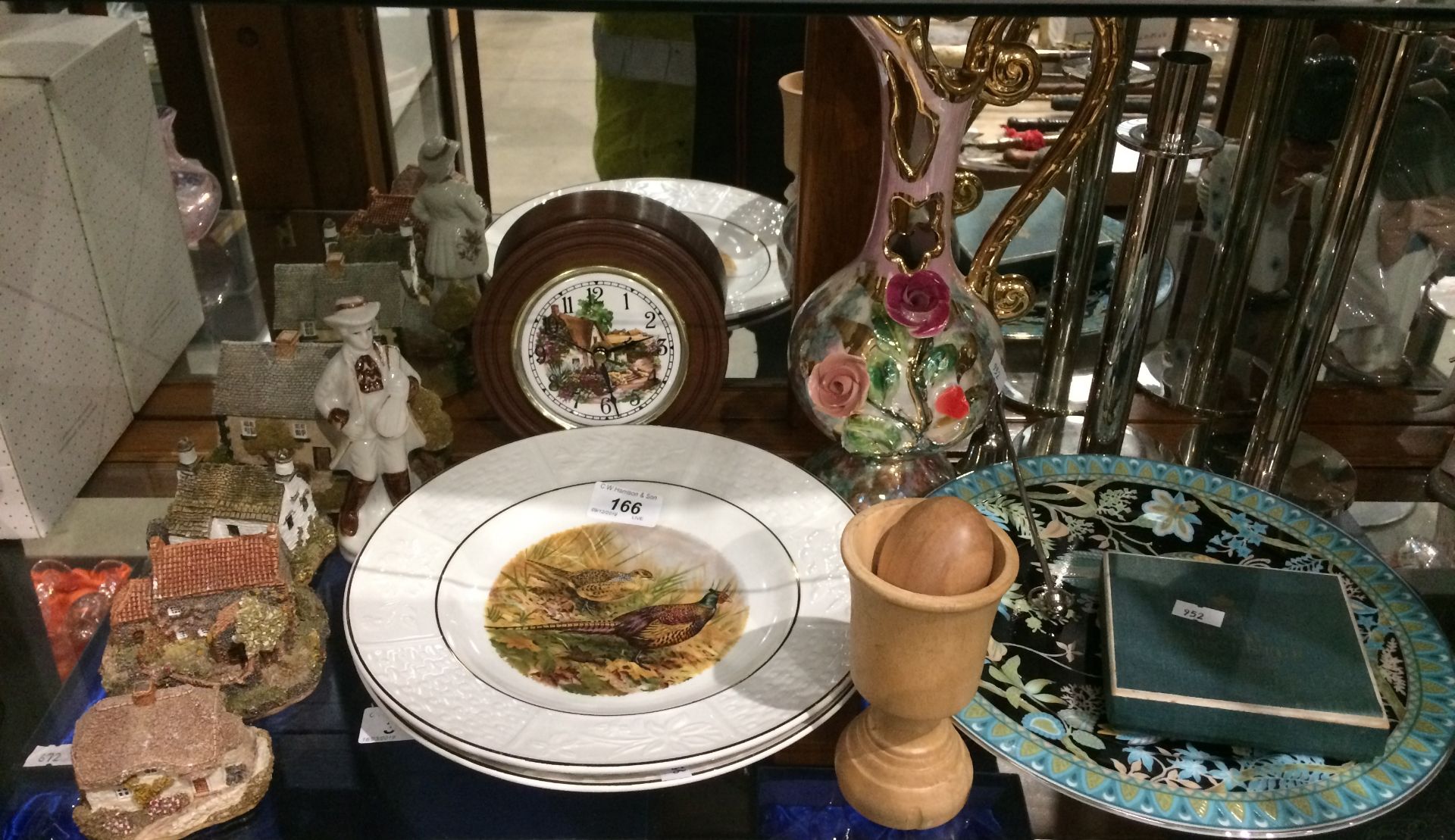 Contents to middle of centre shelf to cabinet - four Lilliput Lane model cottages, bird plates,