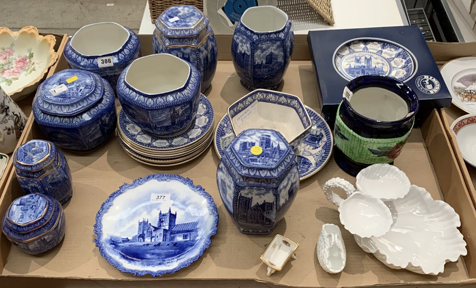 Contents to tray - a collection of mainly blue patterned Wade and Maling ware Ringtons tea