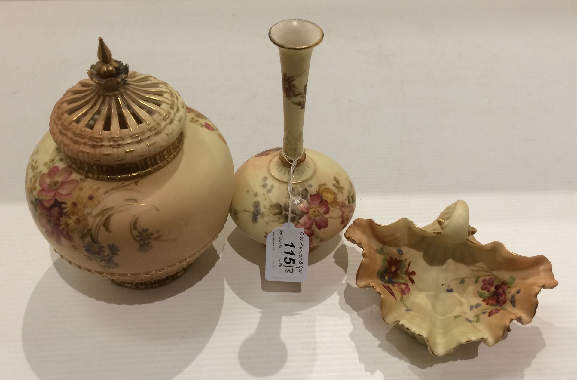 Three items, Royal Worcester china blush ivory, comprising pot pourri jar and cover (lacking liner,