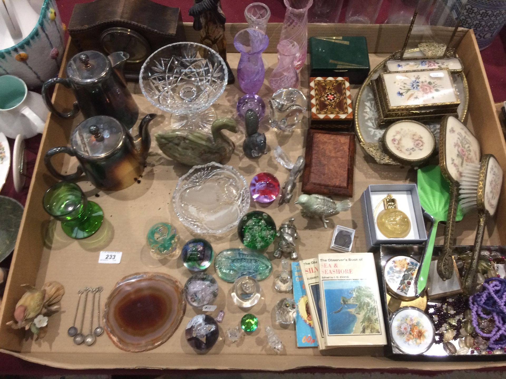 Contents to tray - glass paperweights, dressing table set, Observer books,