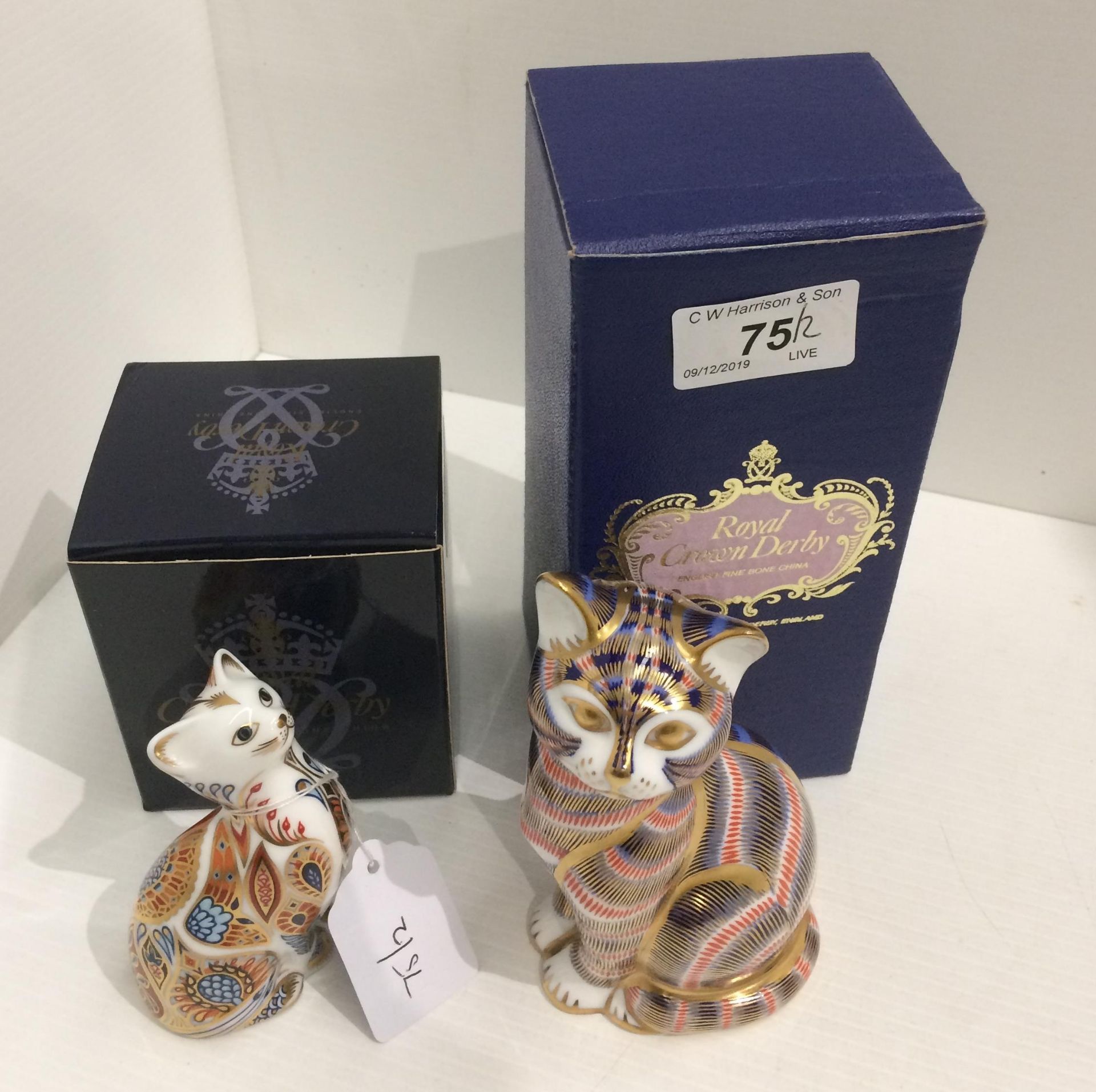 Two Royal Crown Derby bone china paperweights - Cat 13.5cm high and Siamese Kitten 9.