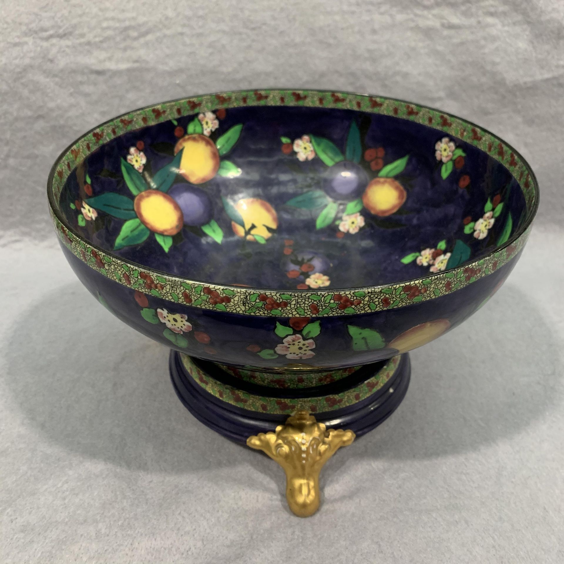 Carltonware blue fruit and floral patterned bowl 25cm diameter on matching three foot stand