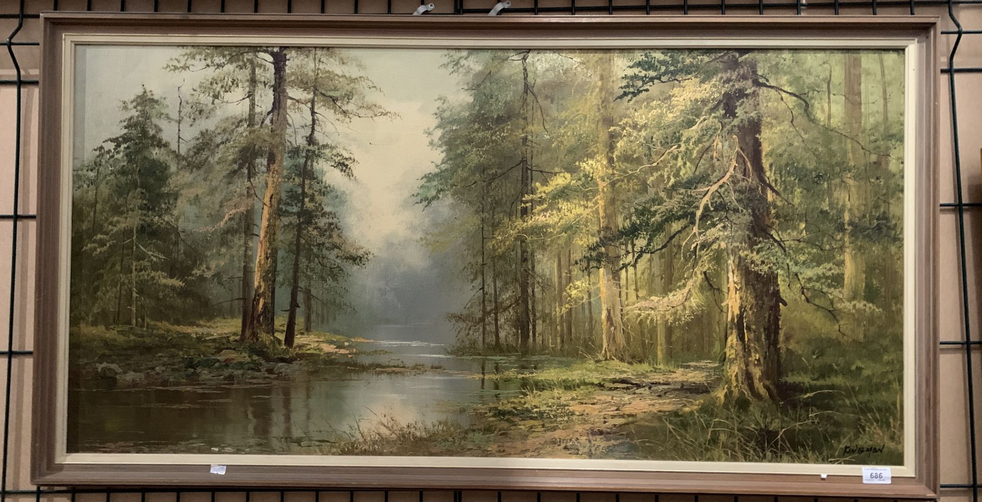 Kingman large framed oil 'river running through a forest' 58 x 118cm