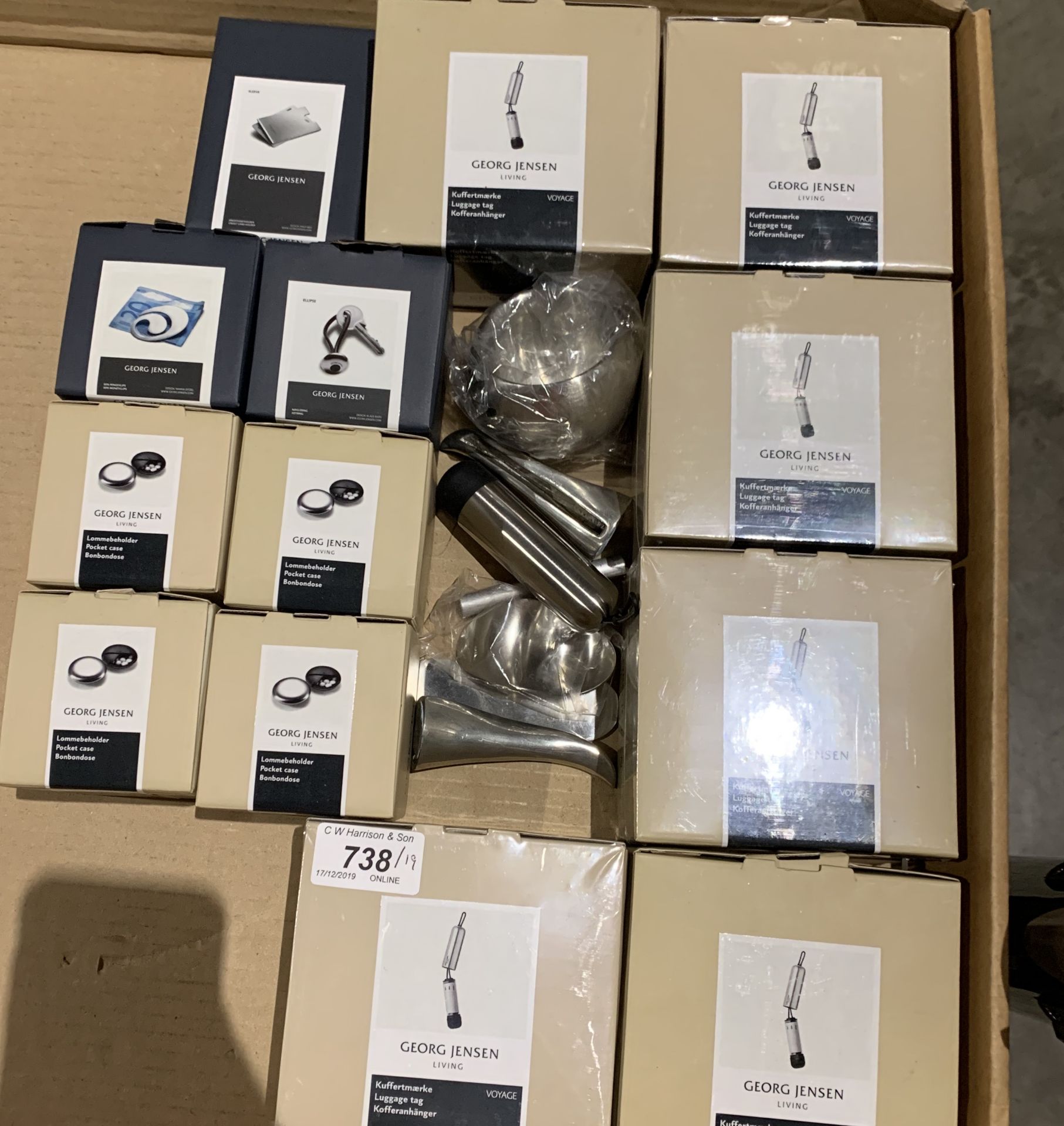 13 x boxed items by Georg Jensen - luggage tags, pocket cases,