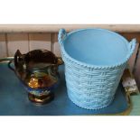 A Sowerby milk glass ice bucket and bowl plus two Victorian copper lustre jugs