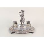 A silver plated two bottle inkstand with St George and the Dragon mount