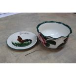 A Wemyss rose decorated bowl plus a cockerel plate
