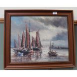 Joe Crowfoot oil on board of Gorleston pier with sail and rowing boats,