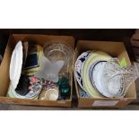 A heavy cut glass basket plus other china and glass (two boxes)