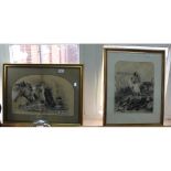 A charcoal and wash picture of horses drinking plus a horse and game birds picture