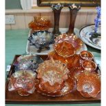 Various Carnival glass in orange and mauve lustre (two trays)