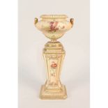 A Royal Worcester blush ivory and floral fixed urn on stand, Patt No.