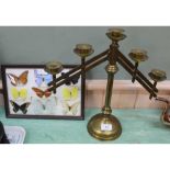 A brass two branch candelabra plus cased butterflies