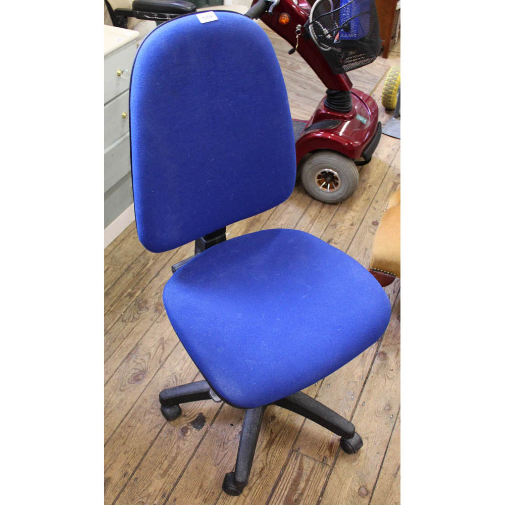 A modern blue upholstered swivel office chair