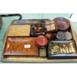 A collection of boxes including lacquer, Burmese, tobacco leaf,