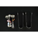 Two pairs of silver sugar tongs, three pairs of silver condiment spoons (two Victorian,