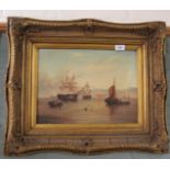 An indistinctly signed 1870 oil on canvas of numerous sailing ships,