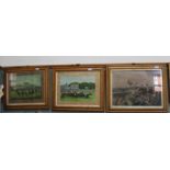 A 19th Century maple framed hunting print plus a pair of oleographs,