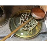 Two brass trays, shooting stick,