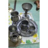 A brass chestnut roaster plus 19th Century and other pewter and silver plate