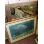 A rectangular gilt mirror plus a rural scene print