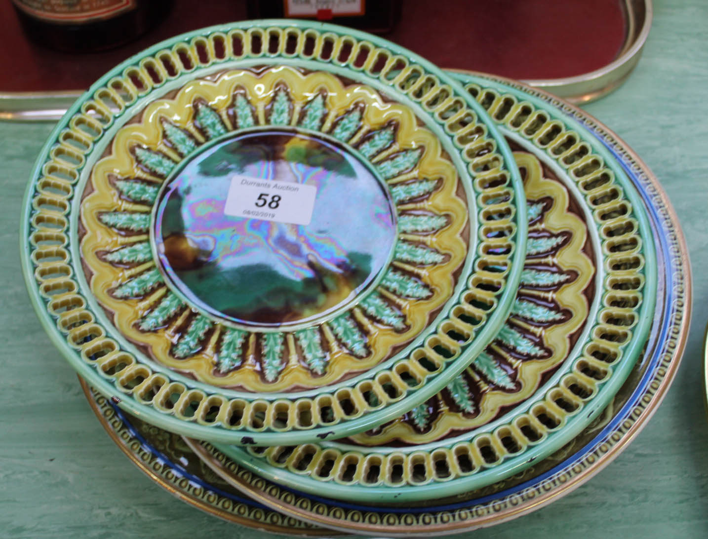 A pair of 19th Century Wedgwood Whieldon glazed ribbon plates plus a pair of Prattware Chatsworth