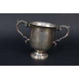 A silver two handled trophy cup with presentation inscription (as found)