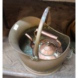 A Victorian copper kettle plus a brass coal helmet